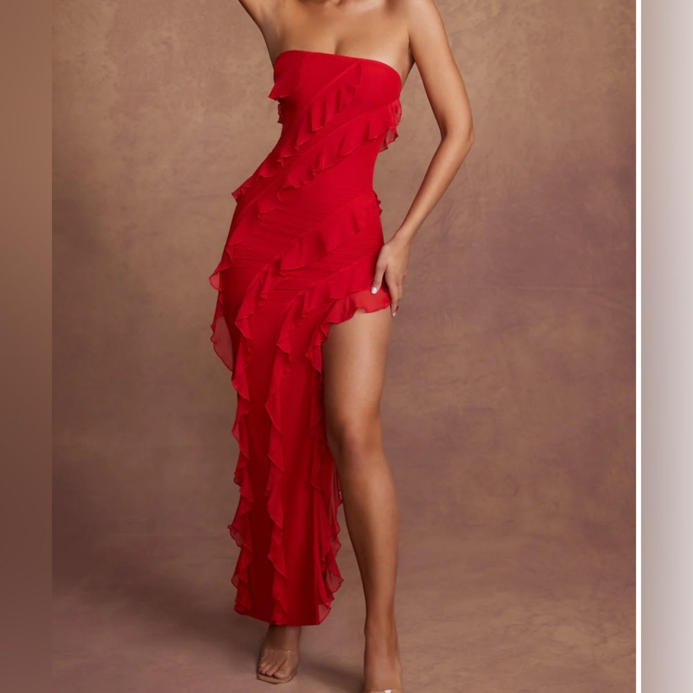 Oh Polly Nevali Bandeau Ruffle Detail Maxi Dress in Red